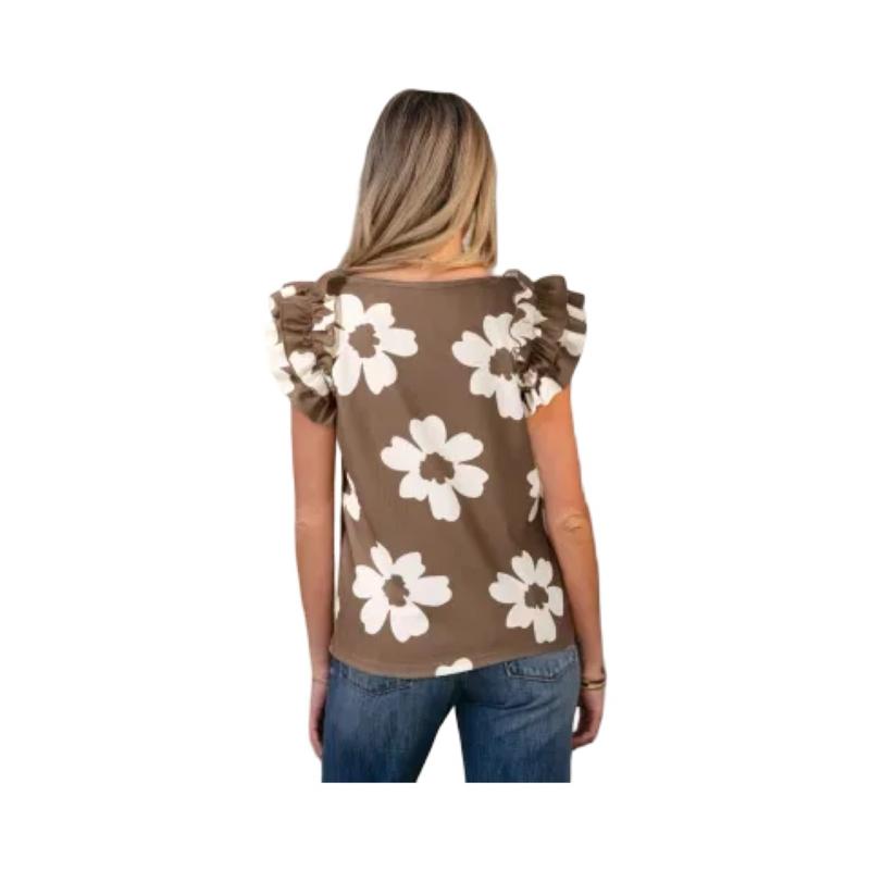 Brown Floral Ruffle Square Neck