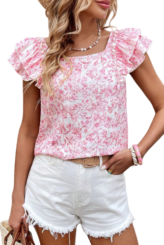 Pink Floral Bow Flutter Sleeve