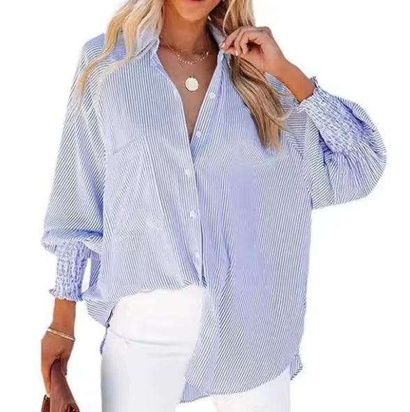 Smocked Cuffed Striped Boyfriend Shirt