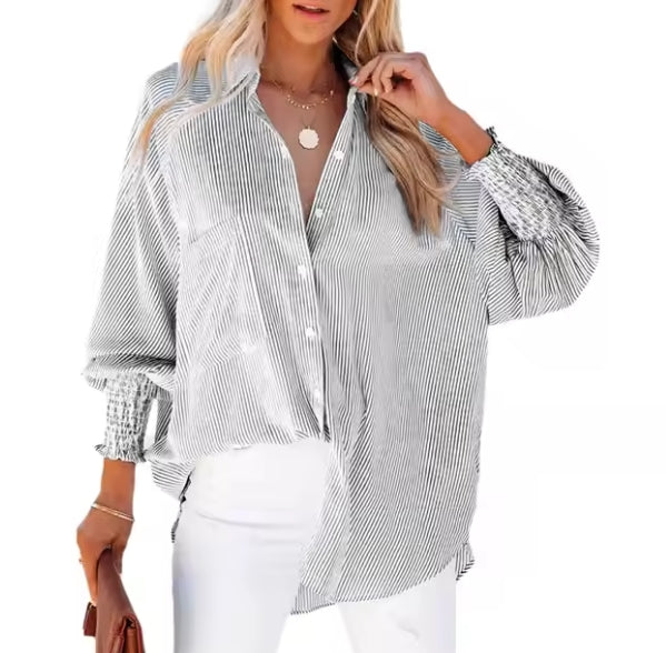 Smocked Cuffed Striped Boyfriend Shirt