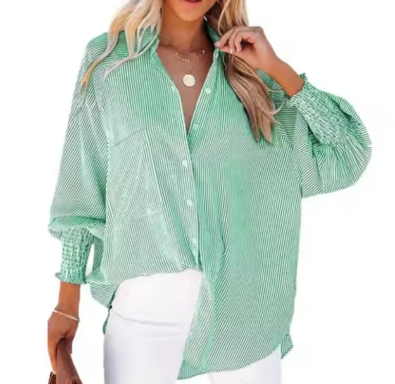 Smocked Cuffed Striped Boyfriend Shirt