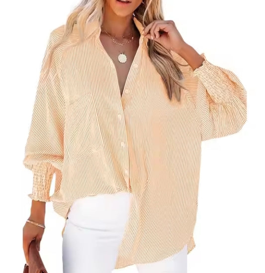Smocked Cuffed Striped Boyfriend Shirt