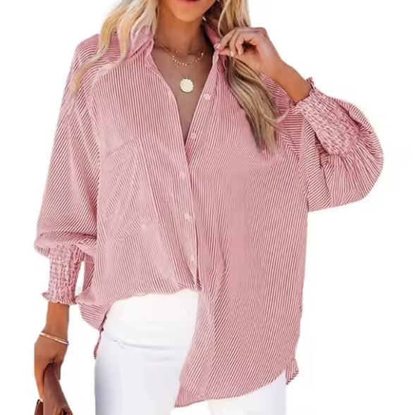 Smocked Cuffed Striped Boyfriend Shirt