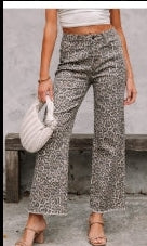 Brown Leopard Frayed Edge Wide Leg High Waist Jeans