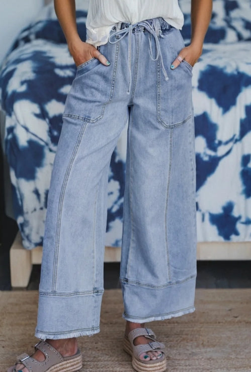 Beau Blue Drawstring Seam Detail Raw Hem Wide Leg Denim Pants