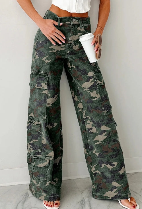 Green Camo Denim Cargo Wide Leg Pants