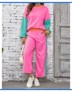 Rose Red 2pcs Color Block Pullover Loose Pant Set