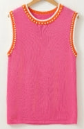 Bright Pink Contrast Trim Pearl Detail Sweater Tank Top