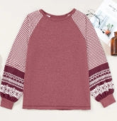 Mineral Red Contrast Print Striped Raglan Long Sleeve Loose Top
