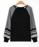 Black Contrast Print Striped Raglan Long Sleeve Loose Top