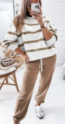 Light French Beige Drop Shoulder Pullover and Jogger Pants Set