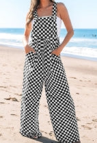 Black Checkered Print Pocketed Wide Leg Jumpsuit