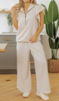 Apricot Textured Ruffled Sleeve Zipped Top and Wide Leg Pants Set