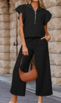 Black Textured Ruffled Sleeve Zipped Top and Wide Leg Pants Set