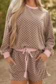 Brown Checkerboard Long Sleeve Pullover and Shorts Set