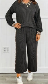 Carbon Grey Twisted Rib Texture Leopard Patchwork Detail 2pcs Pant Set