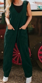 Evergreen Corduroy V Neck Patched Pocket Sleeveless Jumpsuit