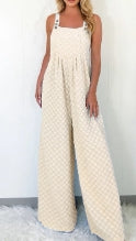 Beige Checkered Pocketed High Waist Wide Leg Overall