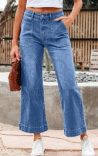 Sky Blue Cropped High Rise Wide Leg Jeans