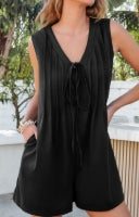 Black white Tie V Neck Pintuck Sleeveless Loose Romper