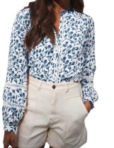 Blue Printed Lace Detail Floral Puff Sleeve Shirt