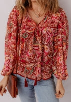 Multicolour Ethnic Paisley Print Tassel Tie Puff Sleeve Boho Blouse