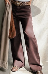 Coffee Loose Straight High Waist Solid Color Jeans
