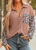 Dark Khaki Leopard Patched Twisted Ribbed Western Casual Shacket
