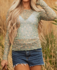Laurel Green Vintage Floral Print Southern Style Mesh Long Sleeve Top
