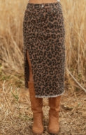 Brown Leopard Denim Frayed Split Denim Midi Skirt