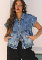 Ashleigh Blue Acid Wash Elastic Hem Button Up Denim Vest