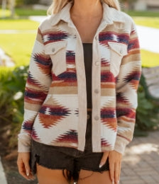Multicolour Western Aztec Ribbed Patchwork Double Flap Pocket Raw Hem Shacket