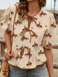 Cowboy Print Puff Sleeve Bowknot Peplum Blouse