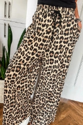 Leopard Drawstring Elastic Waistband Flowy Wide Leg Pants