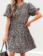 Brown Denim Leopard Printed Short Puff Sleeve Mini Dress