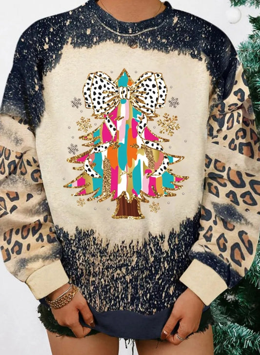Black Christmas Tree Graphic Bleached Leopard Tie Dye Sweatshirt