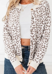 Khaki Leopard Drop Shoulder Chunky Knitted Cardigan Sweater