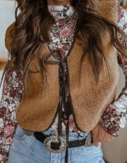 Light French Beige Contrast Trim Tie Front Sherpa Vest