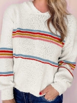 White Multicolored Striped Accent Hooded Popcorn Sweater