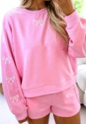 Sachet Pink Girly Bow Embroidered Detail Puff Sleeve Pullover 2pcs Short Set
