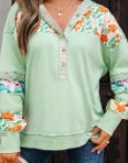 Clearly Aqua Lace Floral Patchwork Half Button Hooded Pullover