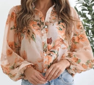 Orange Floral Puff Sleeve Lightweight Shirt