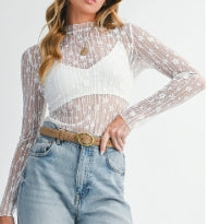 White Sheer Floral Lace Long Sleeve Slim Fit Top