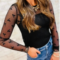 Black Dotted Bow Pattern Mesh Long Sleeve Top