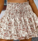 Apricot Floral Printed Drawstring Elastic Waist Layered Skort