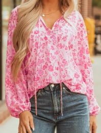 Pink Floral Puff Sleeve Split Neck Lightweight Blouse