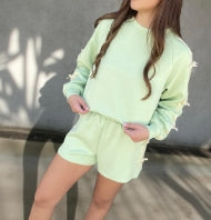 2PC Velvet Bow Short Set Green/Tan