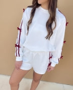 2PC Velvet Bow Short Set White/Maroon