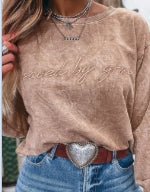 Saved by grace Letter Embroidery Mineral Wash Loose Sweatshirt - Dune