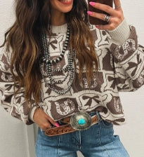 Brown Bows & Horseshoes Pattern Western Fashion Print Sweater